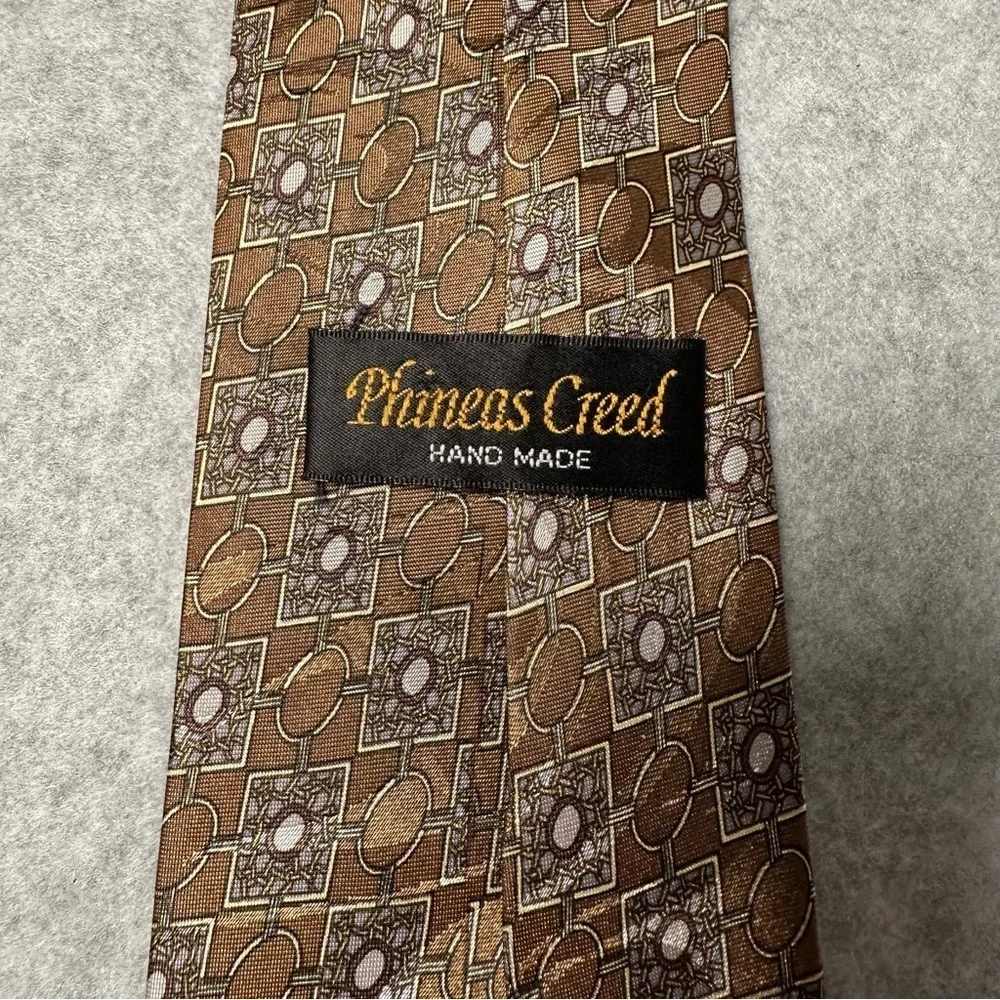 Phineas Creed Hand Made Men Silk Jacquard Geometric Pattern Necktie Gold Brown